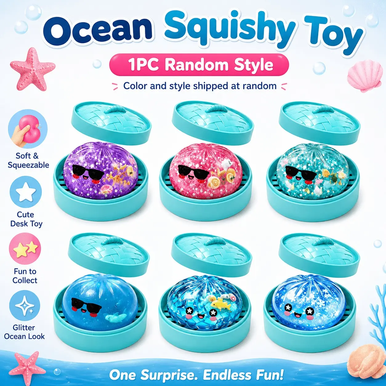 rare Ocean Theme Stress Shark Squishy toys, Shark Steamed Bun With Steamer Case Glitter Slow Rising Squeeze Stress Relief Cool Sunglasses Shark Face Soft Fidget Dumplings for Ocean Theme Gift, random style