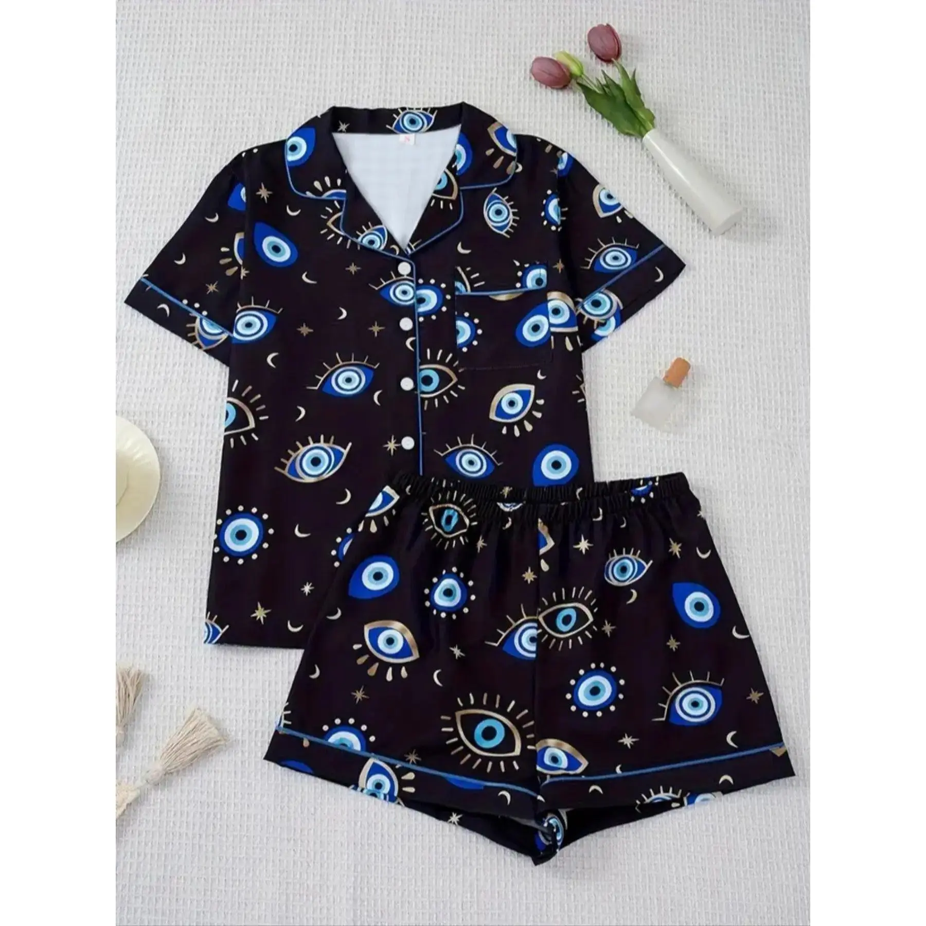 Womens Two Piece Short Sleeve Pajama Set Casual Comfortable Stretchy Fitted Printed Shirt with Pocket Elastic Waist Shorts All Season Breathable Sleepwear Loungewear Homewear Nightwear Outfit