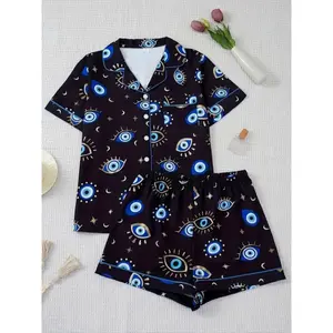 Women's Two-Piece Pajama Set, Lady Casual Comfortable Stretchy Fitted Short Sleeve Print Shirt with Pocket, Elastic Waist Shorts, All-Season Sleepwear, Loungewear, Homewear, Pjs, Pyjamas, Womenswear, Nightwear Outfit