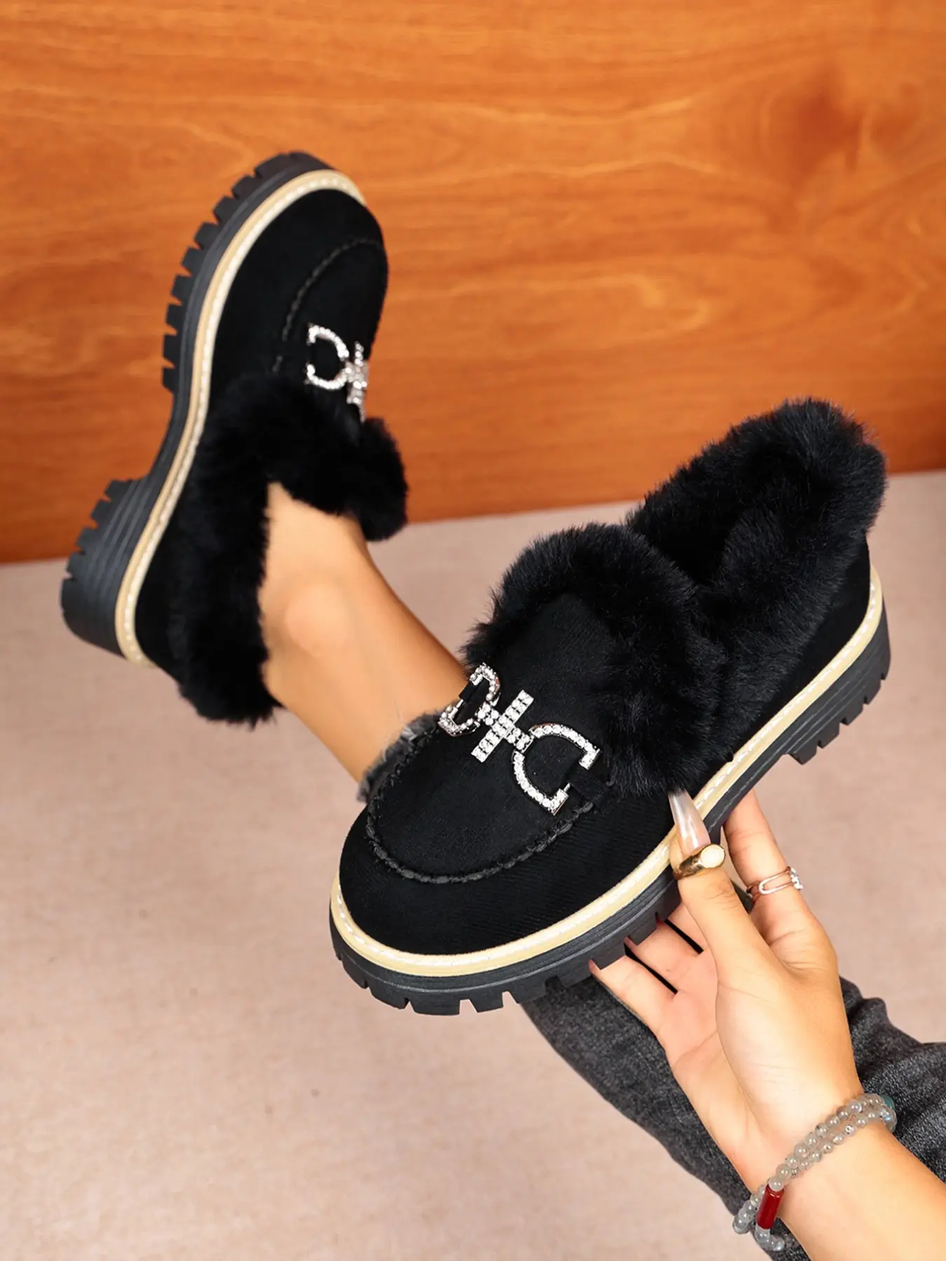New Fall Winter Fuzzy Rhinestone Loafers for Women, Thick Sole Round Toe Slip-On Shoes, Fashionable Comfortable Daily Wear