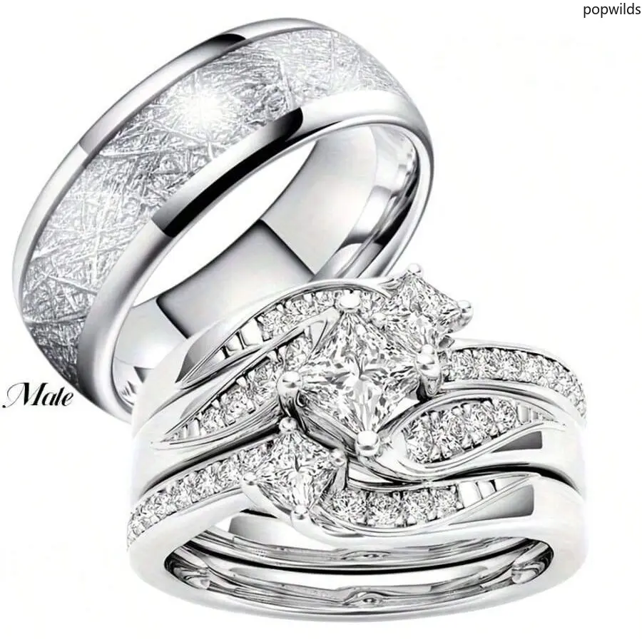Couple Ring Set in Stainless Steel, Trendy 3-Piece Stackable Rings for Women & Simple Matching Band for Men, Lover Gift, Matching Pair, Dainty Stacking Rings, Stackable Set