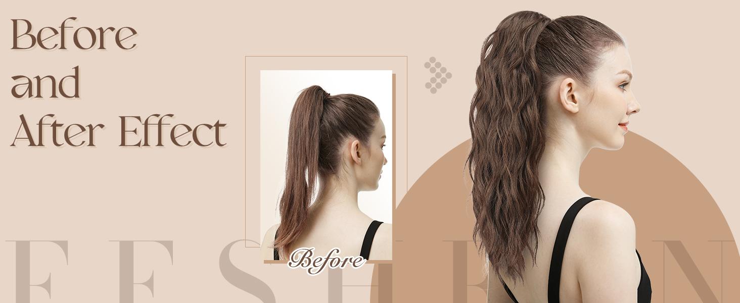 FESHFEN Ponytail Extensions - Drawstring Ponytails Hair Extension Long Curly Wavy Hair Piece Synthetic Pony Tail Hairpieces for Women, 18 inch