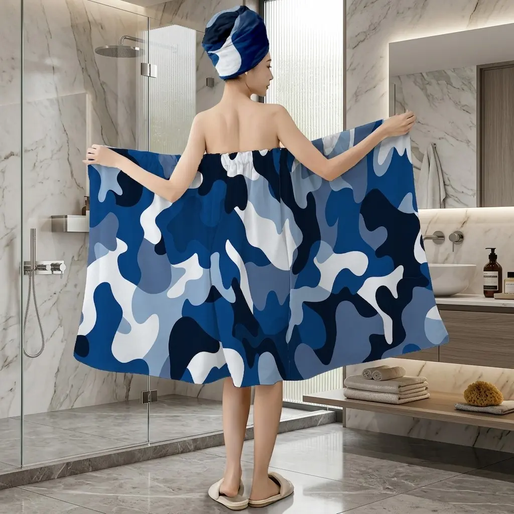 2Pcs Blue Camo Print Bath Wrap Towel with Hair Turban, Plus Size M-XXXXL Non-Slip Shower Skirt, Soft Absorbent Towel Wrap for Women, Perfect for Summer Beach, Spa, Travel, Birthday & Holiday Gift