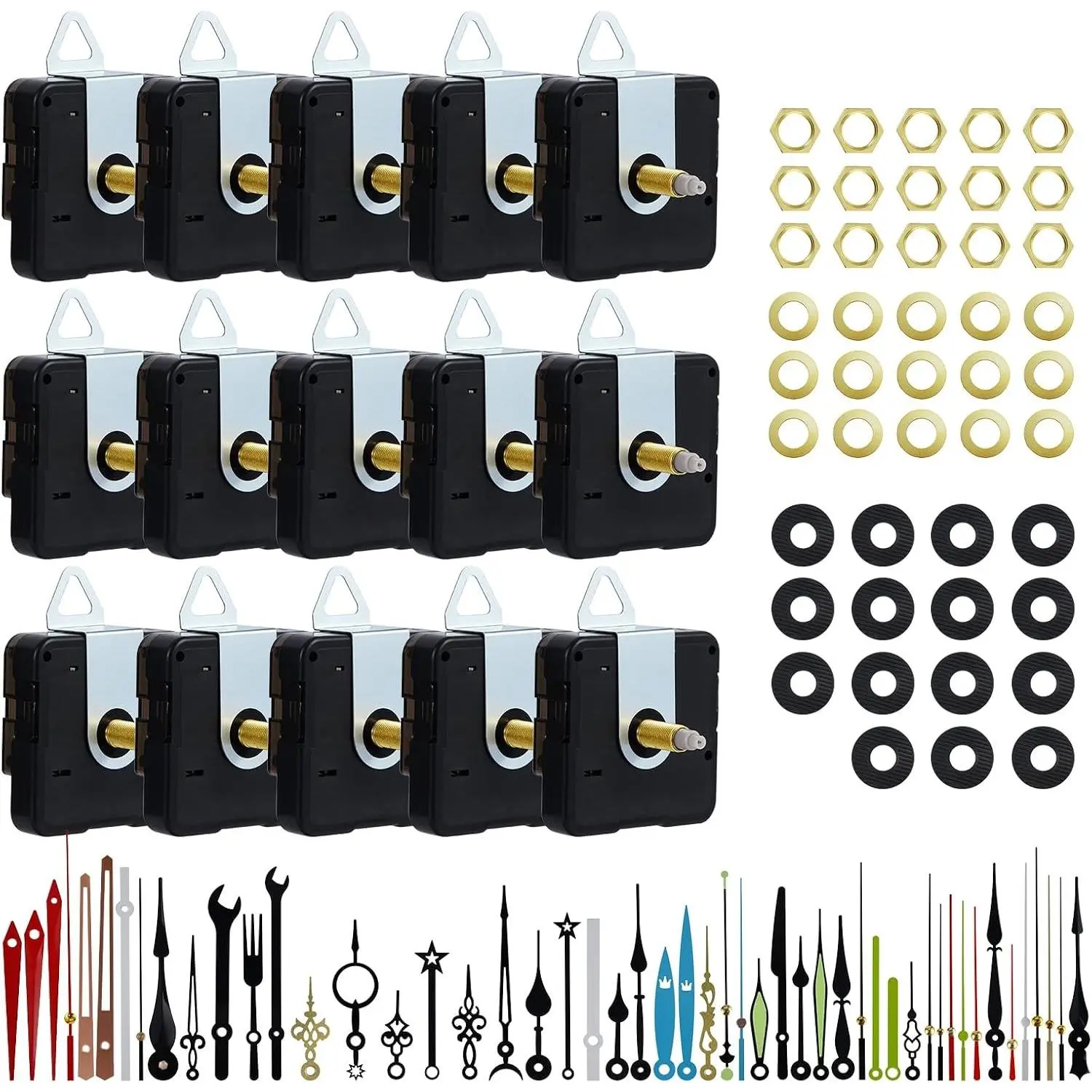 15 Pack Clock Mechanism Replacement Kit with 20 Pairs Clock Hands, Quartz Clock Movement Replacement, Clock Movement Motor Kit for Clock Repair, Replacement and for Custom Clock