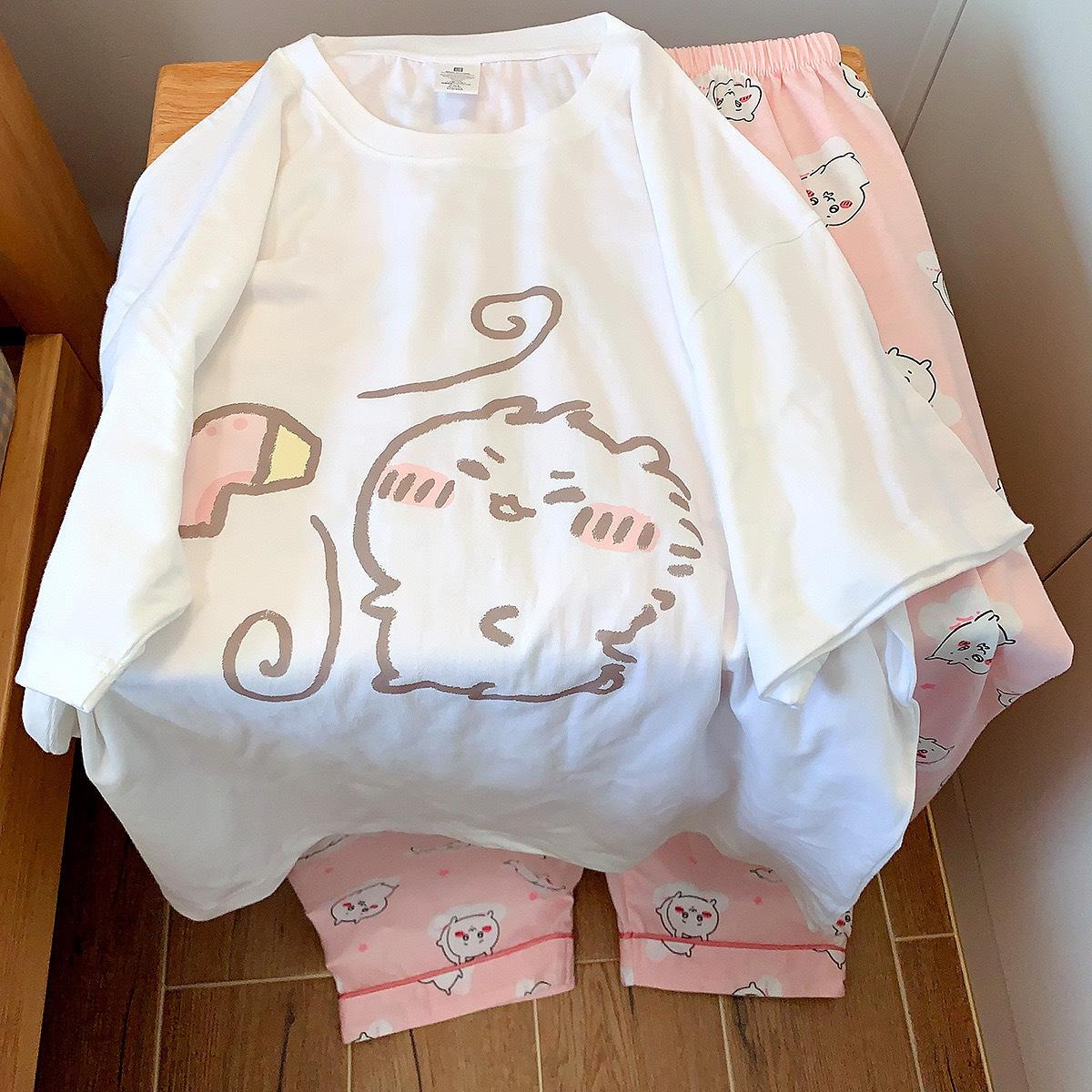 Anime Usag Hachiware Summer thin pajamas round neck Loose long-sleeved shirt and pants Cute cartoon pattern household clothes