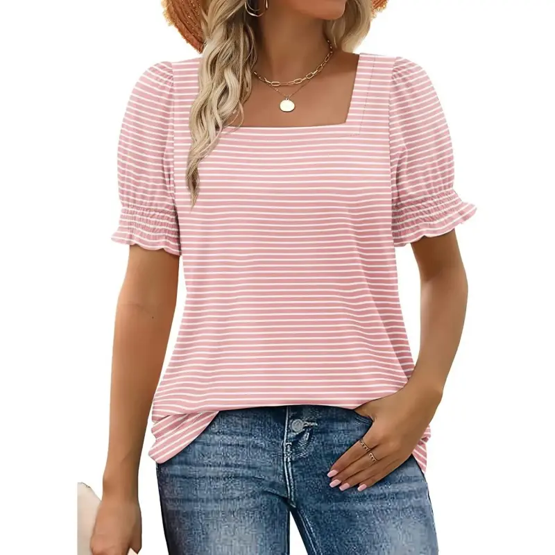 Tops for Women Summer Casual Ruffle Trim Sleeve Square Neck T Shirts