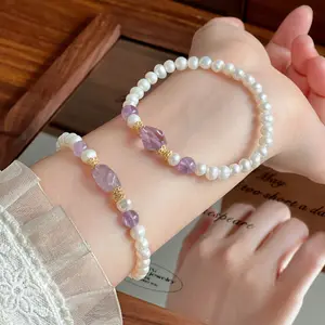 Genuine Freshwater Pearl Bracelet for Women - Faceted Amethyst Purple Crystal Beaded Bracelet - Light Luxury French Style Jewelry Gift with Moonlight Gift Box