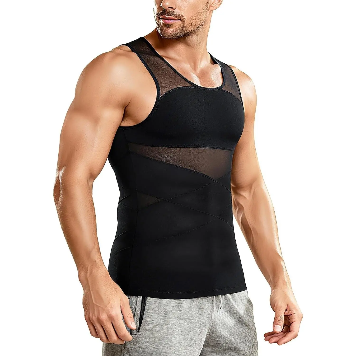 Men's Compression Shirt for Gynecomastia - Slimming Undershirt Body Shaper Vest Mesh Shapewear Workout Tank TopGift