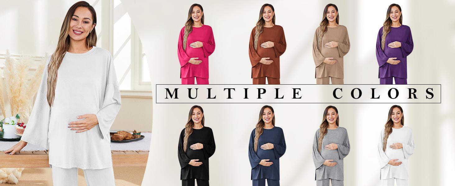 Danedvi Womens Maternity Pajamas Sets 2 Piece Outfits Long Sleeve Tops and Pregnancy Loungewear Mama Clothes with Pockets Plus Size
