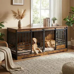 Double Dog Crate Furniture for Large Breeds, Heavy Duty Wooden Dog Kennel with Sliding Barn Doors & Removable Divider, Indoor Dog Crate TV Stand End Table for Large Dogs, Farmhouse Style
