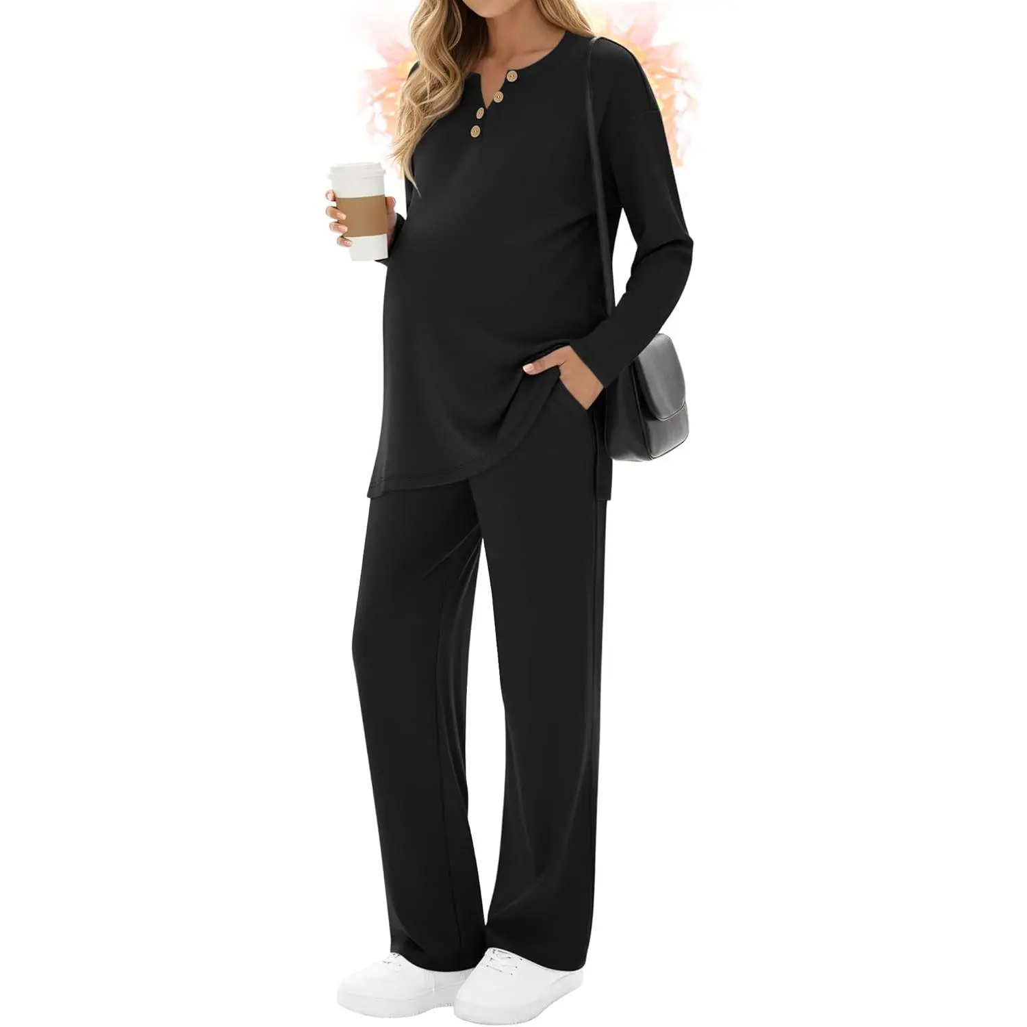 2 Piece Thermal Maternity Lounge Set Postpartum Pregnancy Fleece Loungewear Long Sleeve Top and Wide Leg Pant