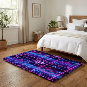 Retro synthwave aesthetic area rug features vibrant neon geometric patterns perfect for enhancing home decor in living rooms, bedrooms, and gaming rooms as a unique gift for friends and family.