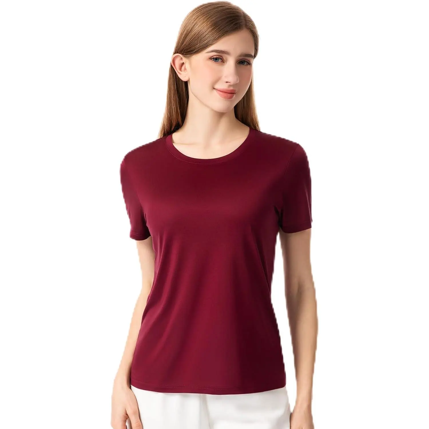 100% Mulberry Silk Shirt for Women Breathable Crew Neck Short Sleeve Silk Tee for Work Travel