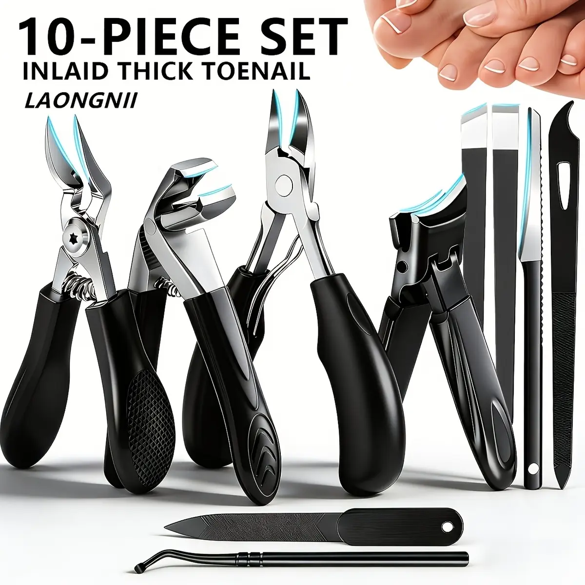 10-Piece Professional Thick Toenail Clipper Set for Ingrown Nails - Heavy-Duty Stainless Steel Pedicure Kit with 25° Angled Blade, Nail File, Cuticle Nippers & ft Care Tools for Seniors Manicure Needs