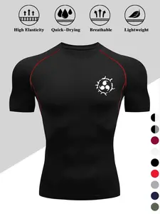 Men's Logo Print Tight Fitness Top, Quick-Dry Breathable Sport T-Shirt, High Elastic Sweat-Wicking Short Sleeve Training Shirt