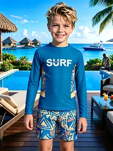 Summer UV-Protective Surfing Two-Piece Set for Boys: Tropical Geometric Print Sun-Protective Top + Quick-Dry Shorts—Soft, Breathable, and Perfect for Summer Beach Outings and Swimming Lessons