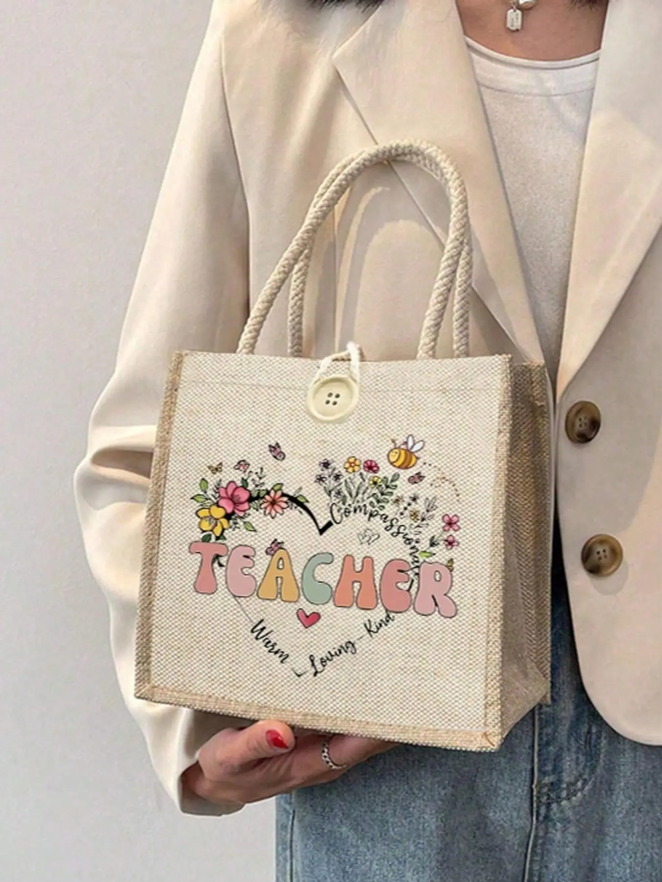Teacher Print Handbag, Gift for Aunt, Niece/nephew, Best Aunt, Friend, Sister, Birthday, Mother's Day, Linen Tote Bag, Foldable Shopping Bag