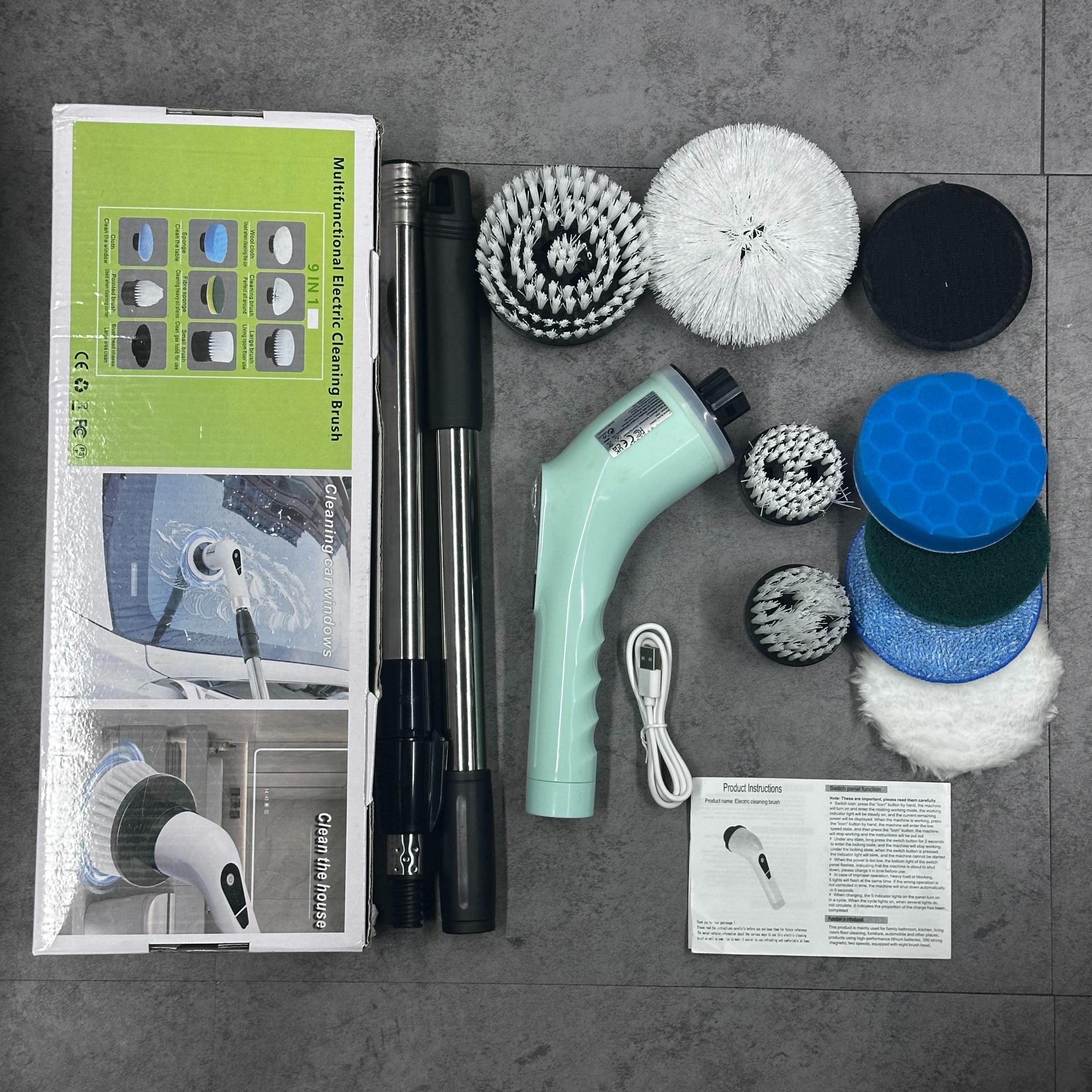 Electric Spin scrubber with 5-speed, Cordless power scrubber, Floor cleaning tool, electric cleaning brush with 8 replacement brush heads and detachable telescopic pole, electric bathroom scrubber for floors, tiles, USB Rechargeable
