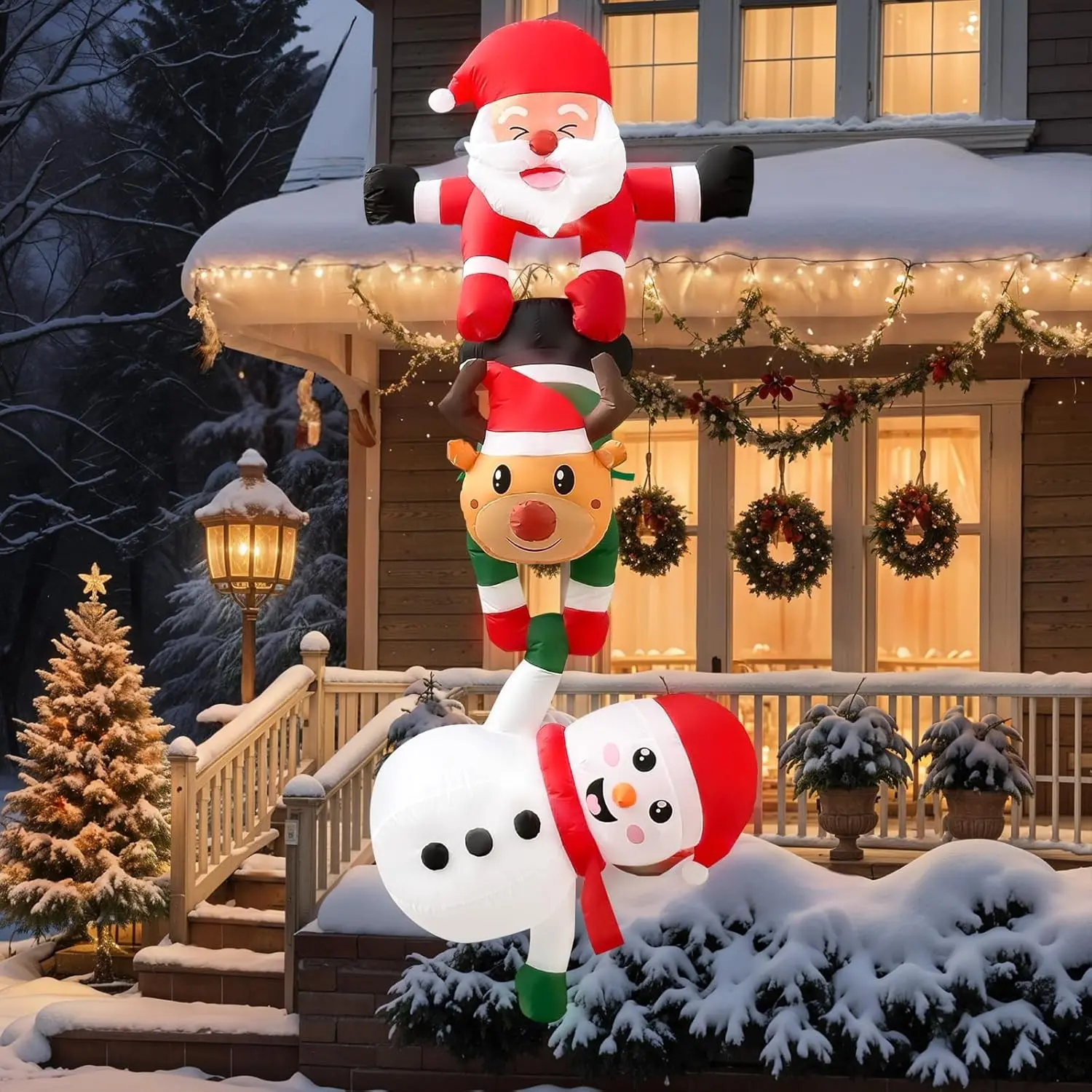 8ft Stacked Inflatable Christmas Decor, Santa Claus, Reindeer, Snowman Cartoon Cute Inflatable Model, Glowing Outdoor Decoration, Festival Atmosphere Setup