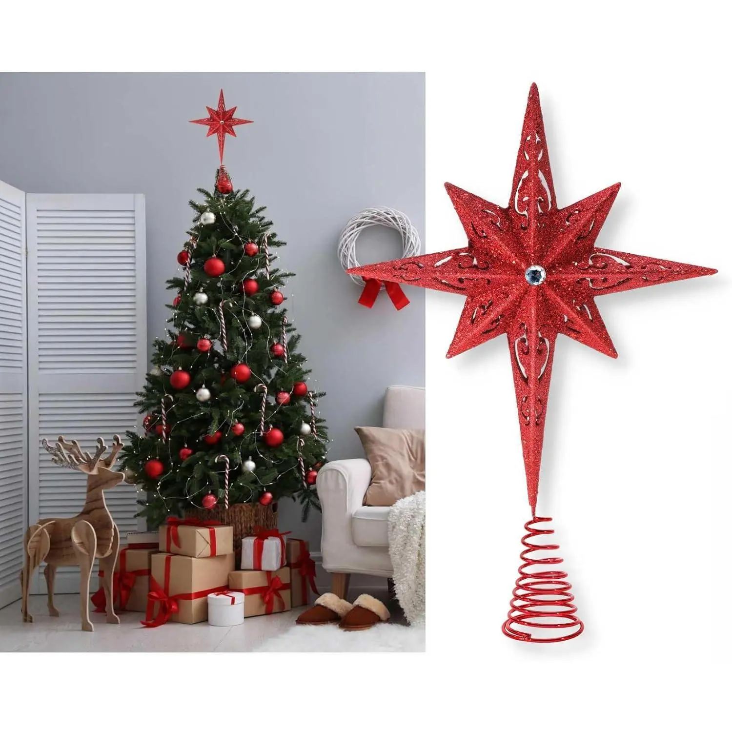 11 inch Champagne Glittered Large  Bethlehem  Tree Topper  for Large Tree 6 -8  Tall/ Decor Ornaments (X'Mas Red)