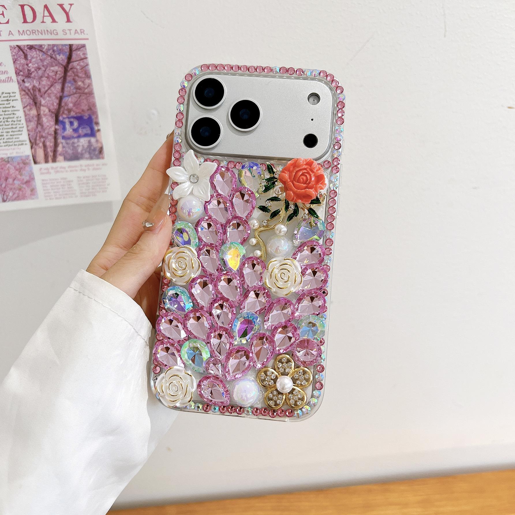 Suitable for Apple 14 Pro phone case, red rose rhinestone iPhone 17 Pro luxury full-cover 15 three-dimensional protective case