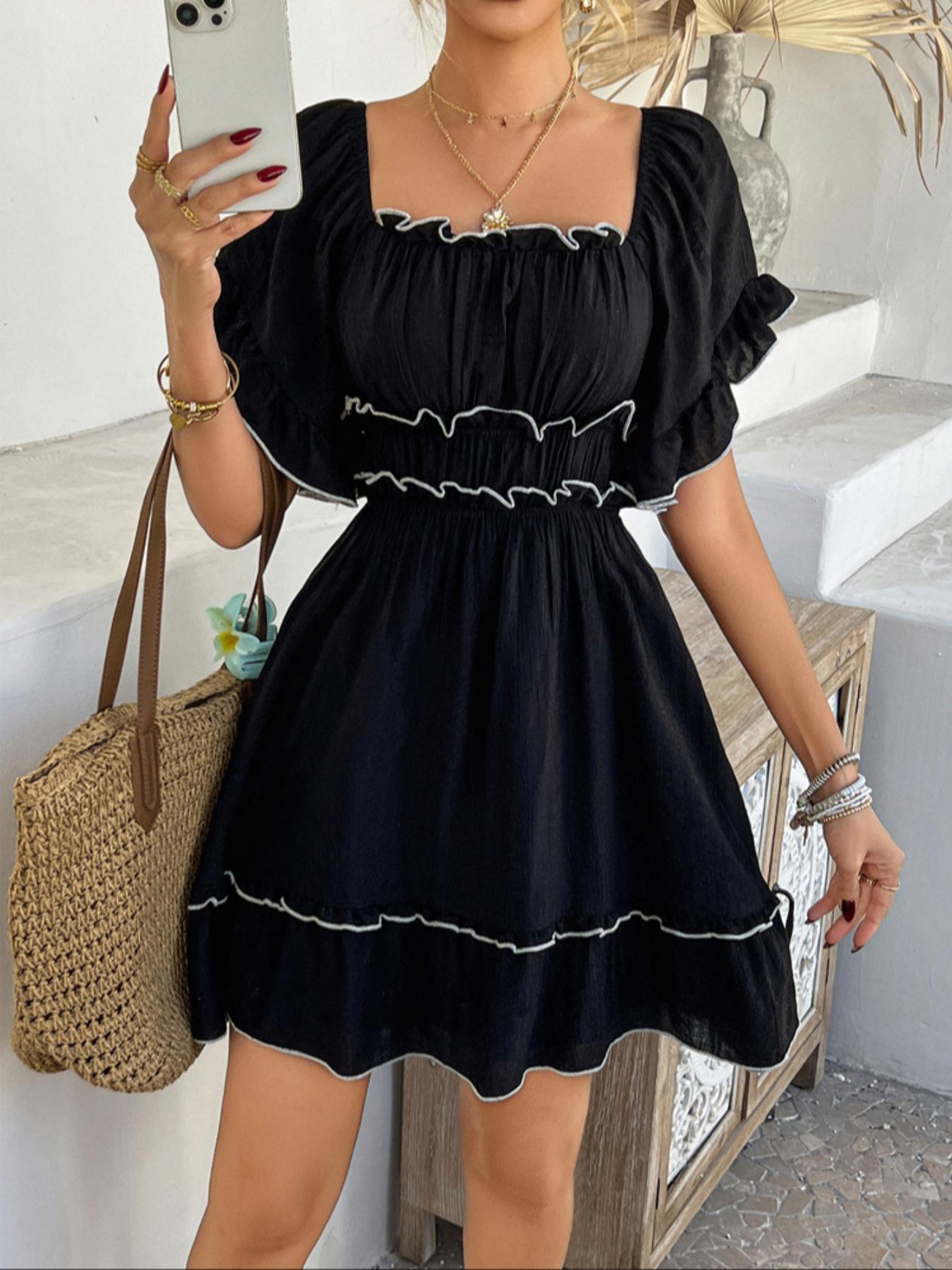 Women's Plain Dress, Casual Boho Ruffle Hem Chic Fashion Short Sleeve Dress for Summer, Ladies Clothes for Beach Holiday, Shortsleeve Womenswear