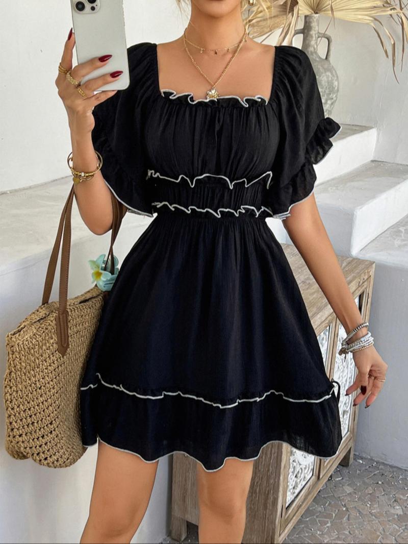 Women's Plain Dress, Casual Boho Ruffle Hem Chic Fashion Short Sleeve Dress for Summer, Ladies Clothes for Beach Holiday, Shortsleeve Womenswear