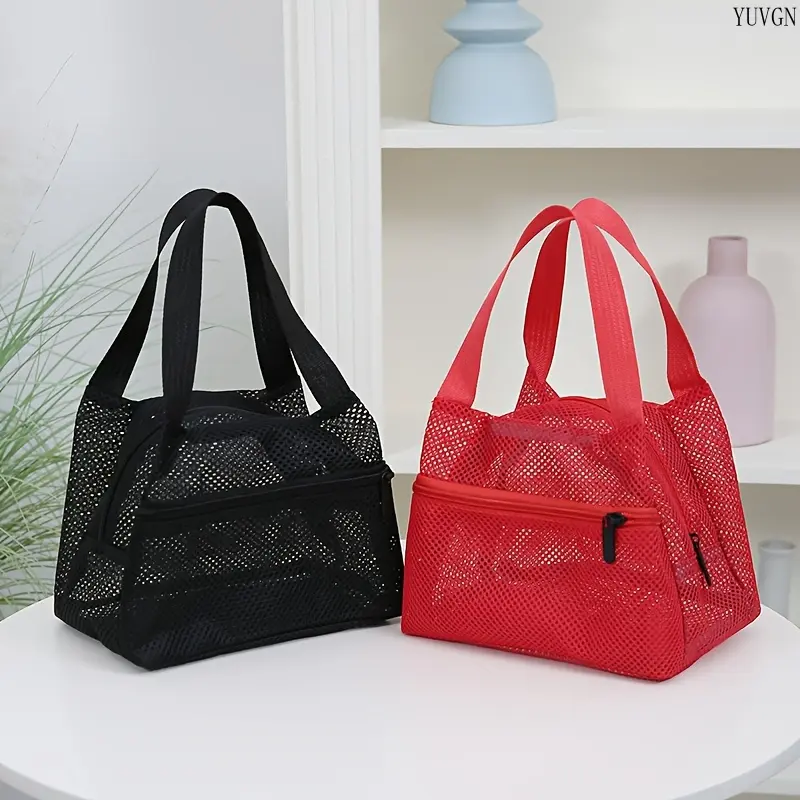 Breathable Mesh Lunch Tote Bag, Multi-Pocket Top Handle Handbag, Lightweight Portable Food Carrier for Work School Picnic Daily Use