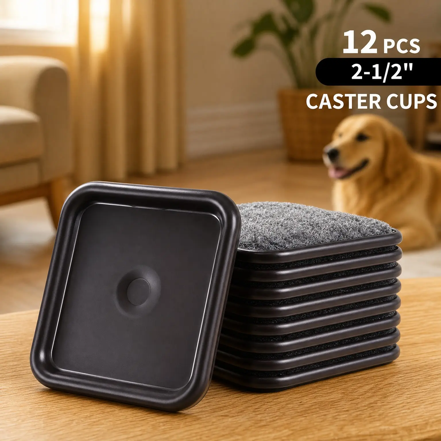 2 1/2" Square Carpet Bottom Furniture Caster Cups, 12 Pack | Reusable Furniture Sliders for Hardwood Floors, Protect Tile & Laminate from Scratches, Brown/GrayGift