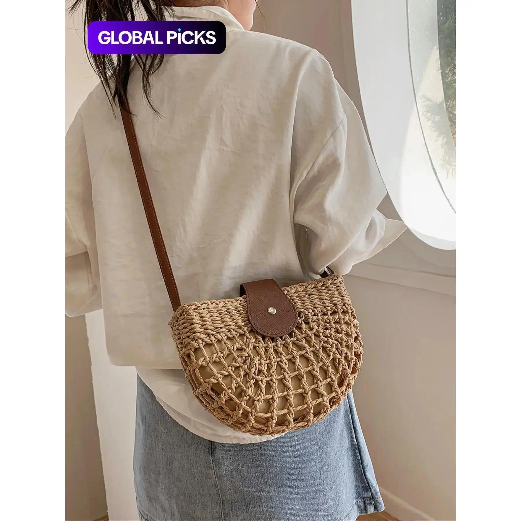 Women’s Straw Crossbody Bag, Boho Woven Half Moon Shoulder Handbag with Hollow-Out Design, Summer Beach Purse for Vacation, Casual Outfits & Travel
