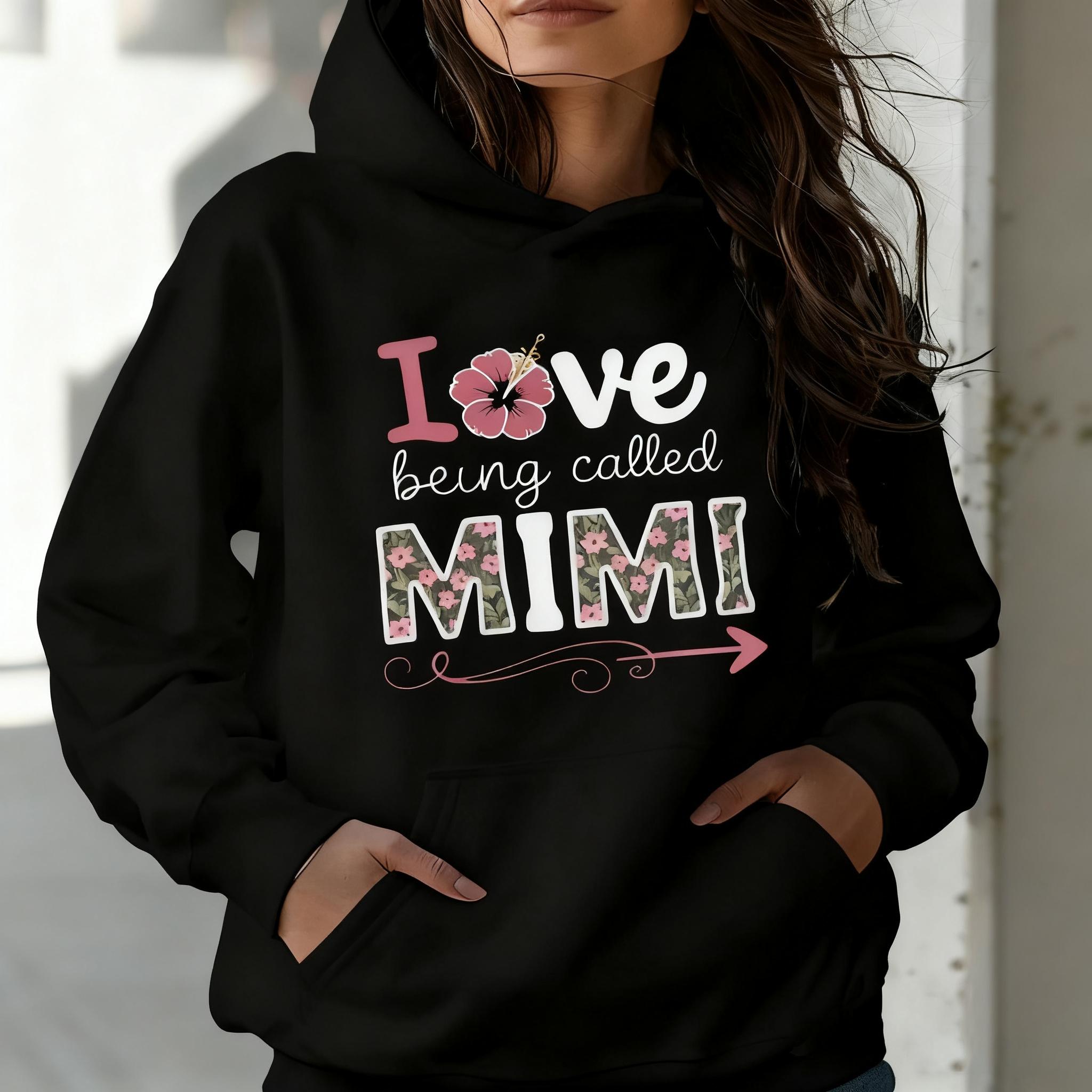 Women's MIMI Floral Hoodie - Pink & Green Lettering, "I Love Being Called MIMI" Slogan, Cozy Pullover, Hooded with Sleeve Pocket, Fall/Winter Casual Top, Gift Idea