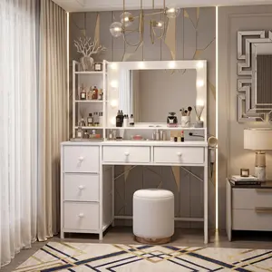 Modern Vanity Desk with LED Mirror Lights, 3 Color Modes & Adjustable Brightness, 5 Spacious Fabric Drawers + Open Storage Shelves, Built-in Power Outlets, Dressing Table for Bedroom, Space-Saving Makeup Vanity