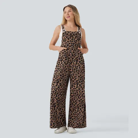 Halara Leopard Print Waffle Casual Overalls with Pockets