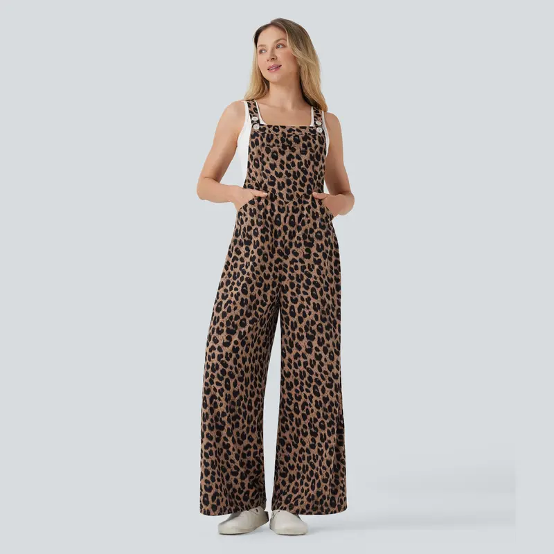 Halara Leopard Print Waffle Casual Overalls with Pockets