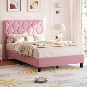 GARVEEUpholstered Bed Frames in Twin, Full, Queen, and King Sizes with Heavy-Duty Platform Design, Strong Wood Slats, No Box Spring Needed, Noise-Free and Easy Assembly, Available in Pink and Beige