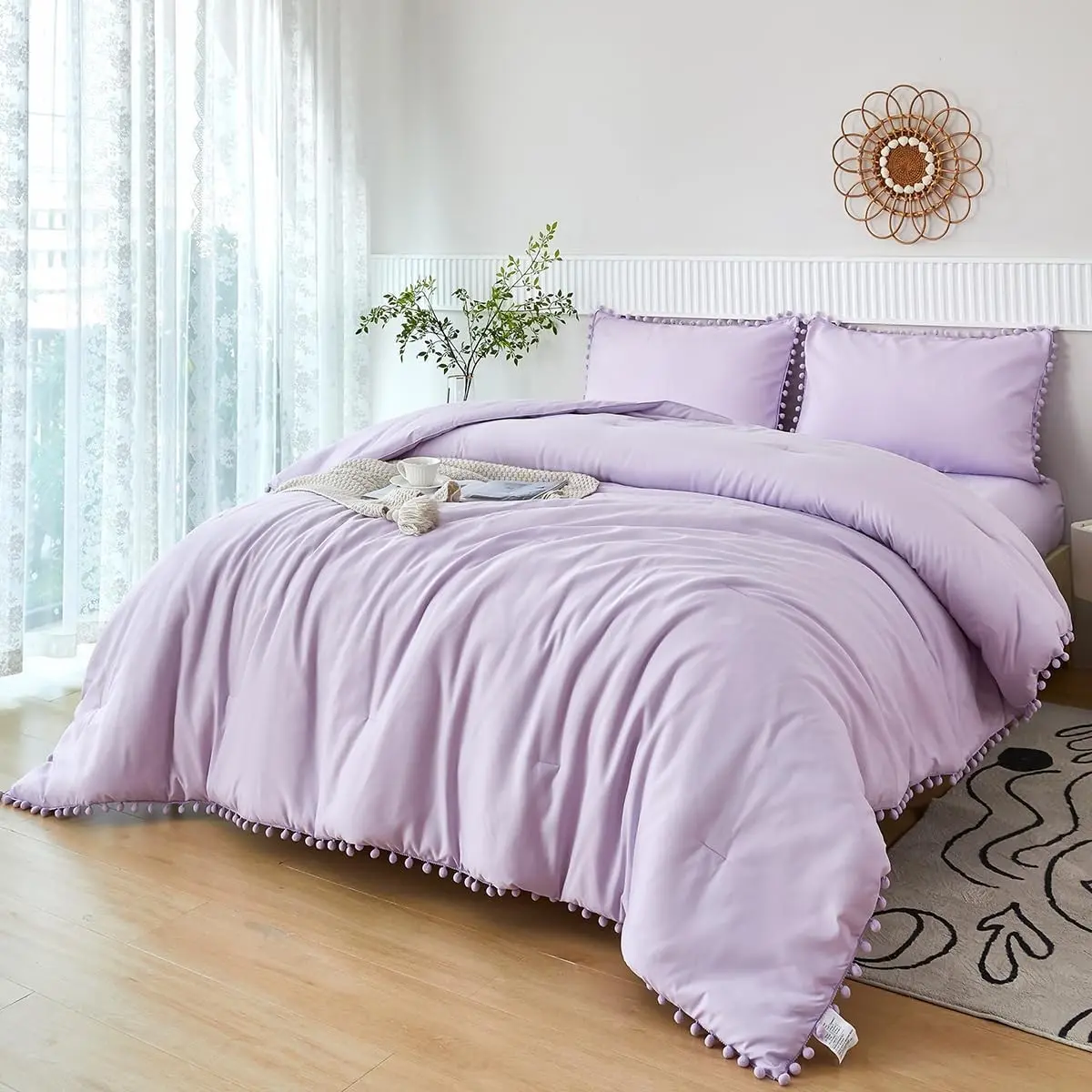 5 Pcs Girls Lavender Comforter Sets Full Boho Pom Pom Fringe Bedding Comforter with Sheet Set Soft Cute Purple Girls Bed in A Bag for All Season(Lavender, Full)