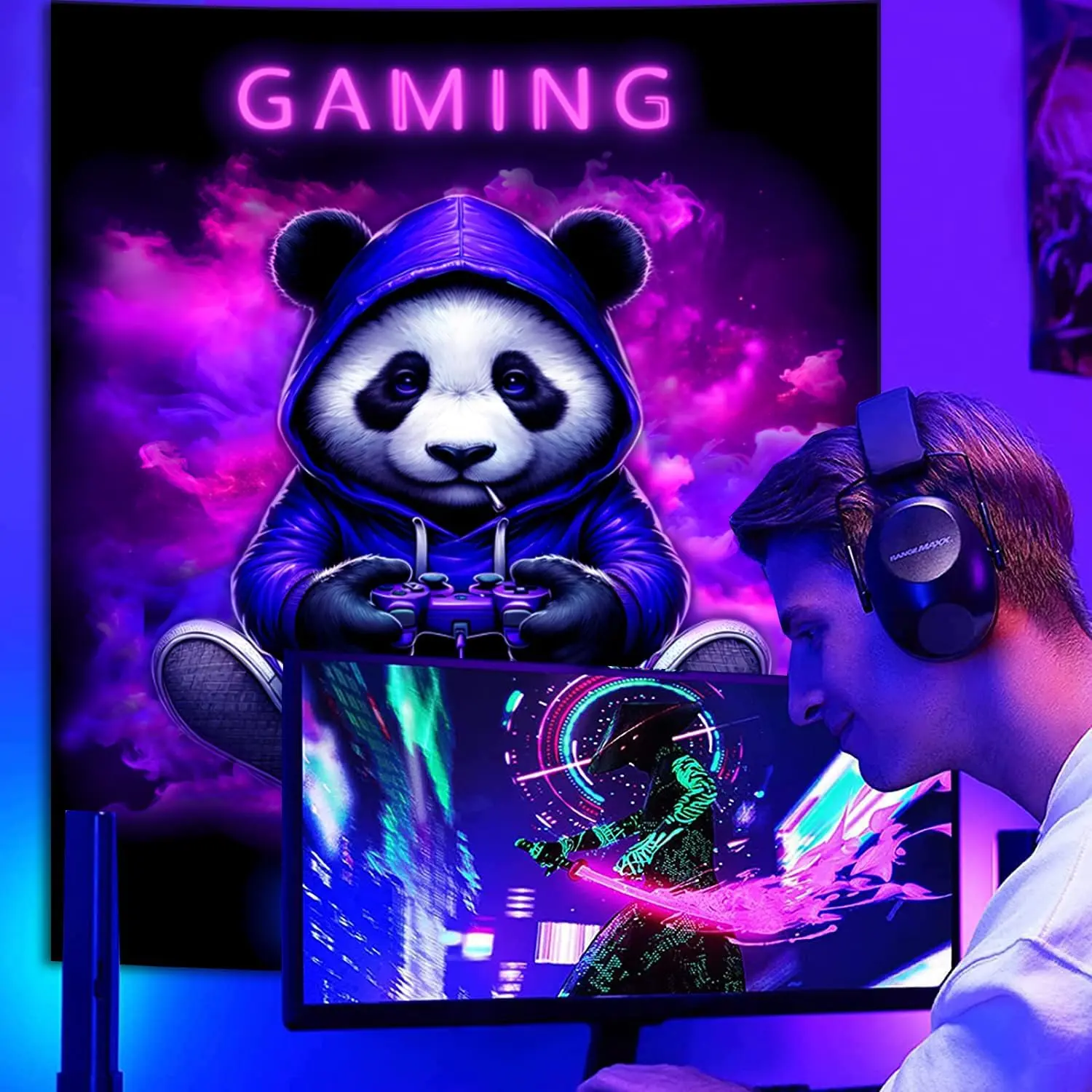 SparkLia Blacklight Gaming Panda Tapestry - UV Reactive Neon Panda Wall Hanging, Glow in the Dark Gamer Room Decor, Cute Anime Style Wall Art for Bedroom, Gaming Setup & Party - 51" x 59"