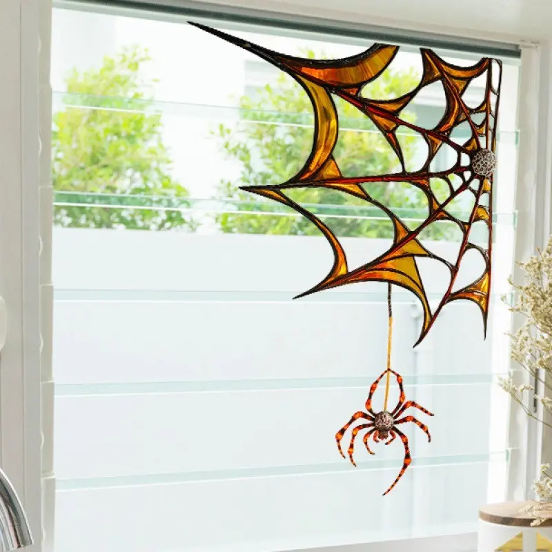 1Pc Halloween Spooky Spider Web Window Decal Sticker Gothic Stained Glass Aesthetic Double Sided Visible PVC Self-Adhesive Peel and Stick Removable Summerween Glass Door Window Decor Cafe Party Haunted House