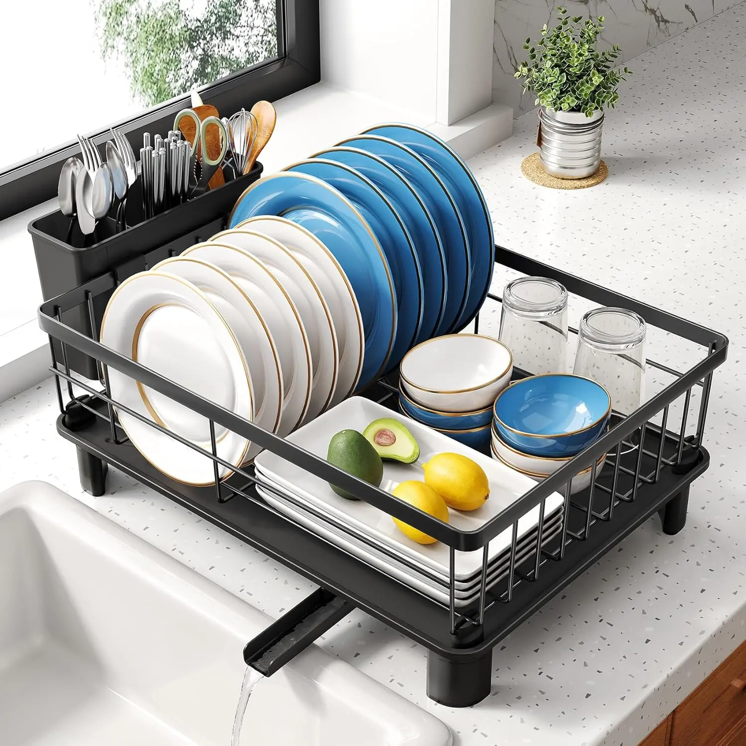 Camp Kitchen Stainless Steel Dish Drying Rack with Silicone Organiser, Plastic Utensil Holder, and Drainboard - 11" W x 15" L Space-Saving Countertop Rack for Camping & Hiking (Black, Smooth)