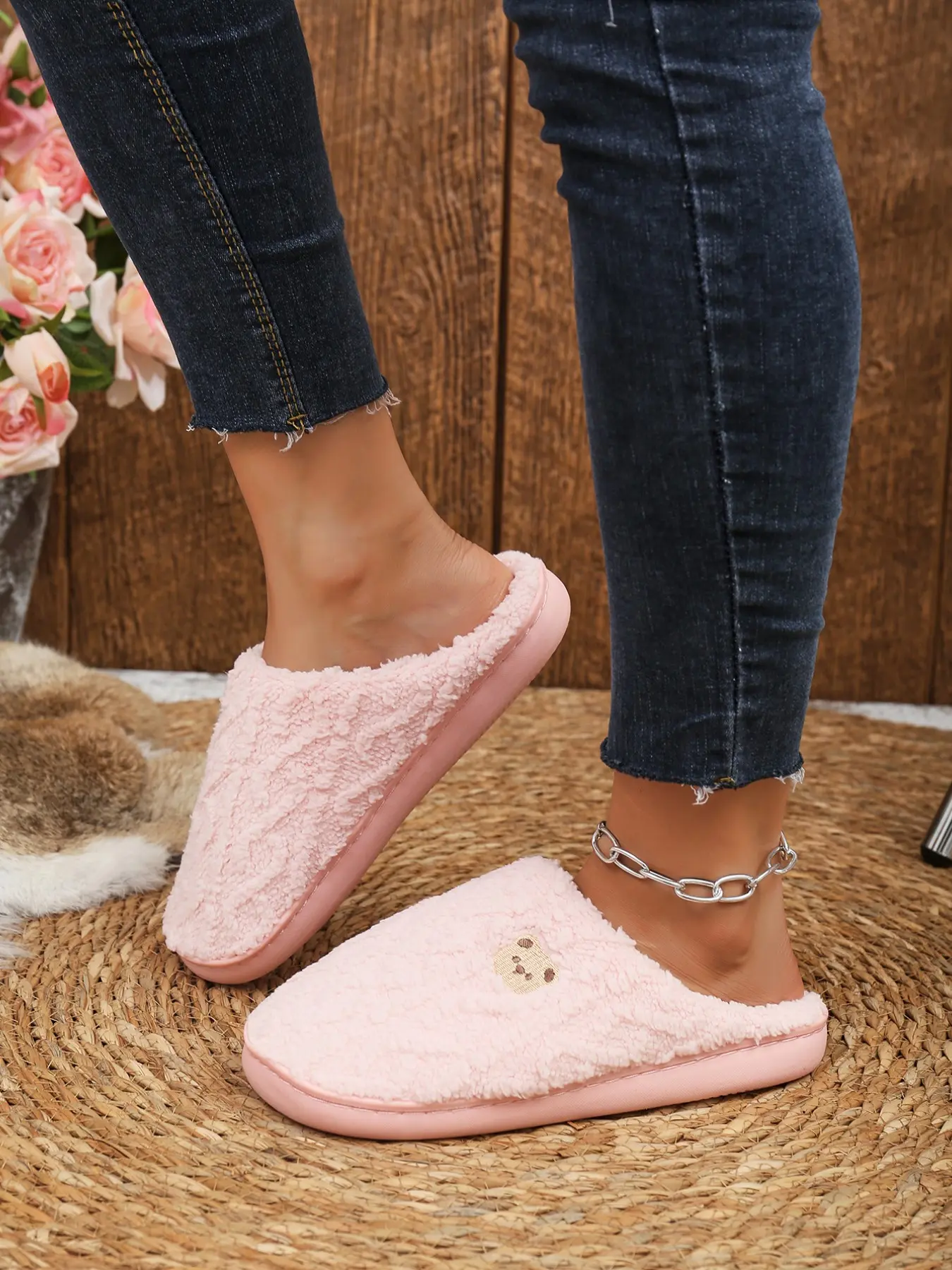 Women's Cartoon Bear Plush Fluffy House Slippers, Fall & Winter Warm Indoor Shoes, Comfortable Fabric Home Footwear, Casual Style