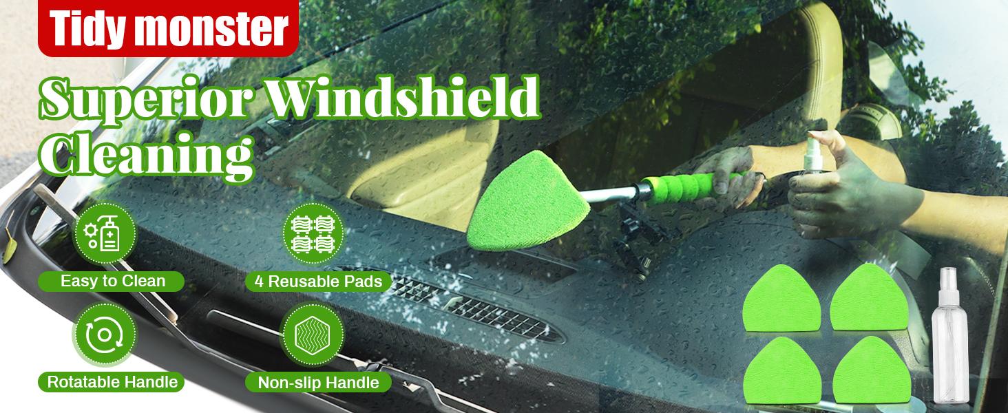 Extendable Handle Car Windshield Cleaner, Microfiber Window Cleaning Tool with 4 Washable Replacement Pads