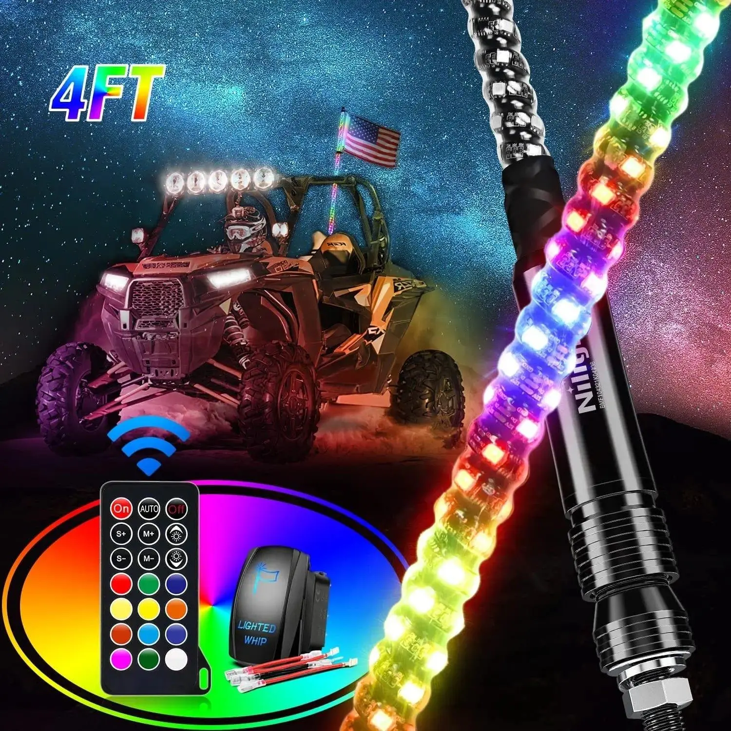Nilight 4FT Polycarbonate Spiral Antenna LED Whip Light with RF Remote Control, 8.6FT Wire, 5-Pin Switch, IP67 Rating, Pattern Modes, 3-Pin Plug-and-Play Tubes, Color Changing, Bluetooth, 200% Super Brighter (Ages 16+)