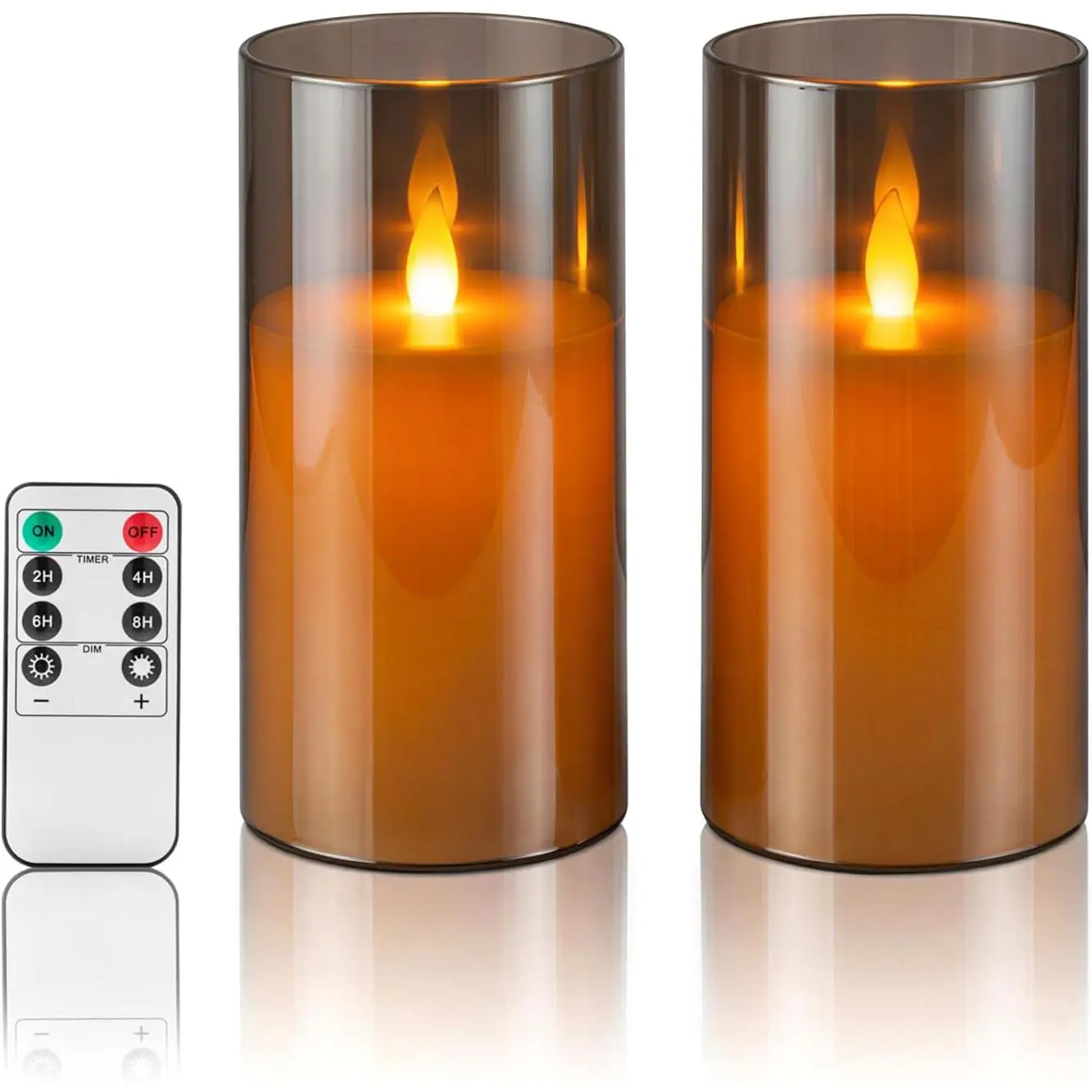 Flameless Candles with Remote, Set of 2 LED Pillar Candles (3" D x 6" H), Realistic Climbing Flame   Candles for  Wedding Christmas (Smoky Grey )