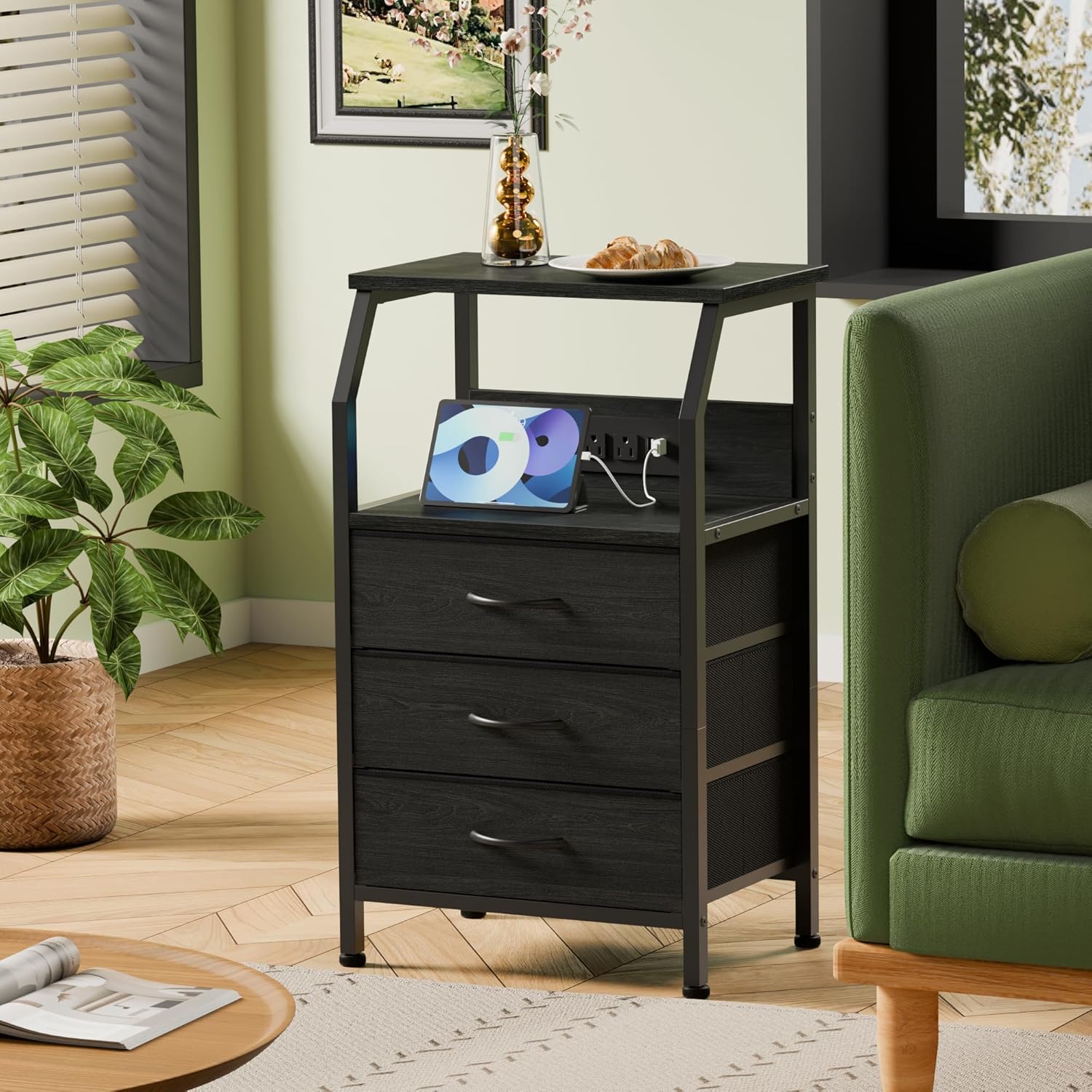 Night Stand with Station, 28.3 Inch Tall Side Table with Fabric Drawers ...