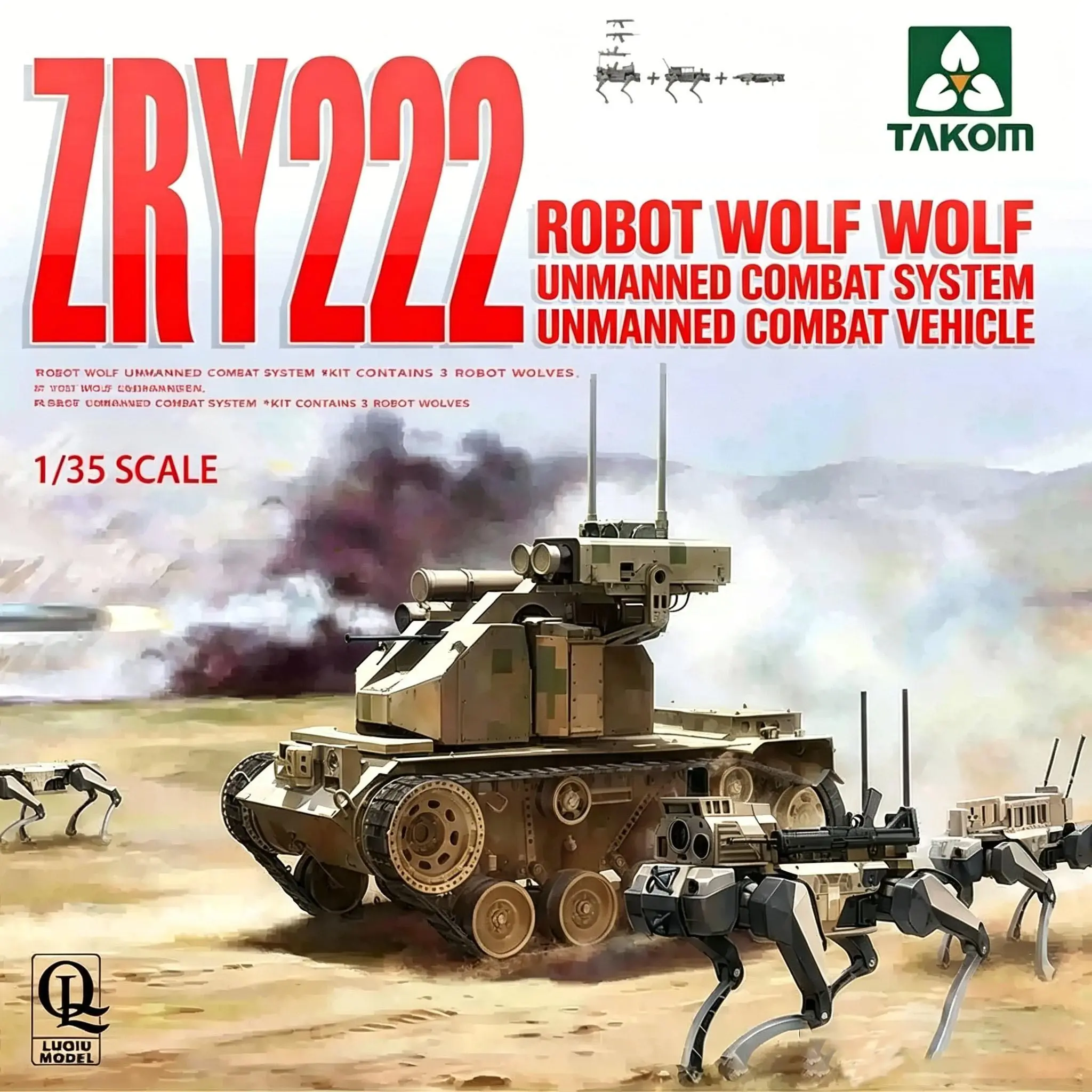 Takom No.2223 1/35 Scale Zry-222 Unmanned Combat System, Vehicle + 3 Robotic Wolves, Military Model Kit, Collectible and Educational, Miniature Set