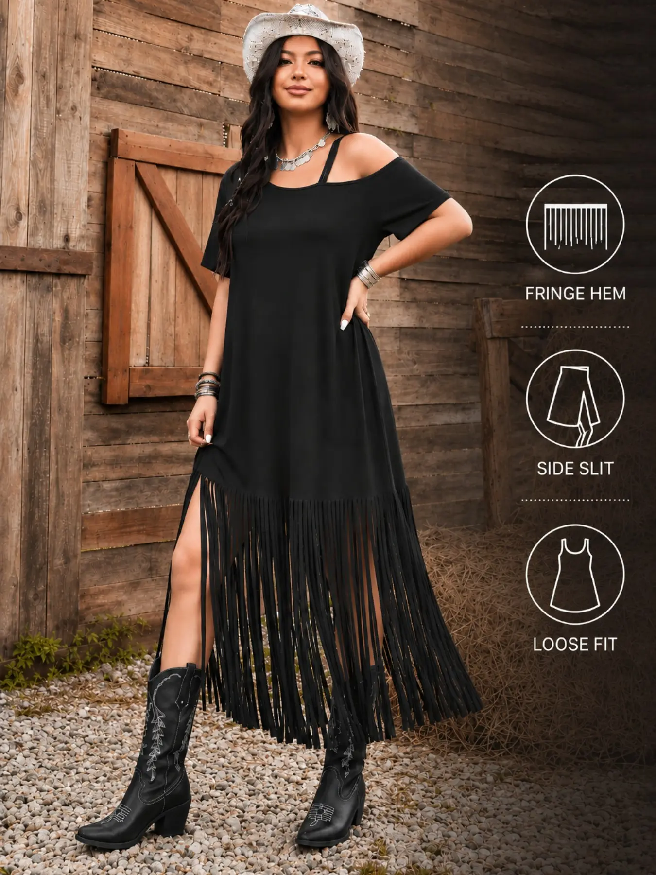 Women's Western Cowgirl Style Off-Shoulder Side Slit Long Dress, Elegant Flowing Design, Perfect for Special Occasions