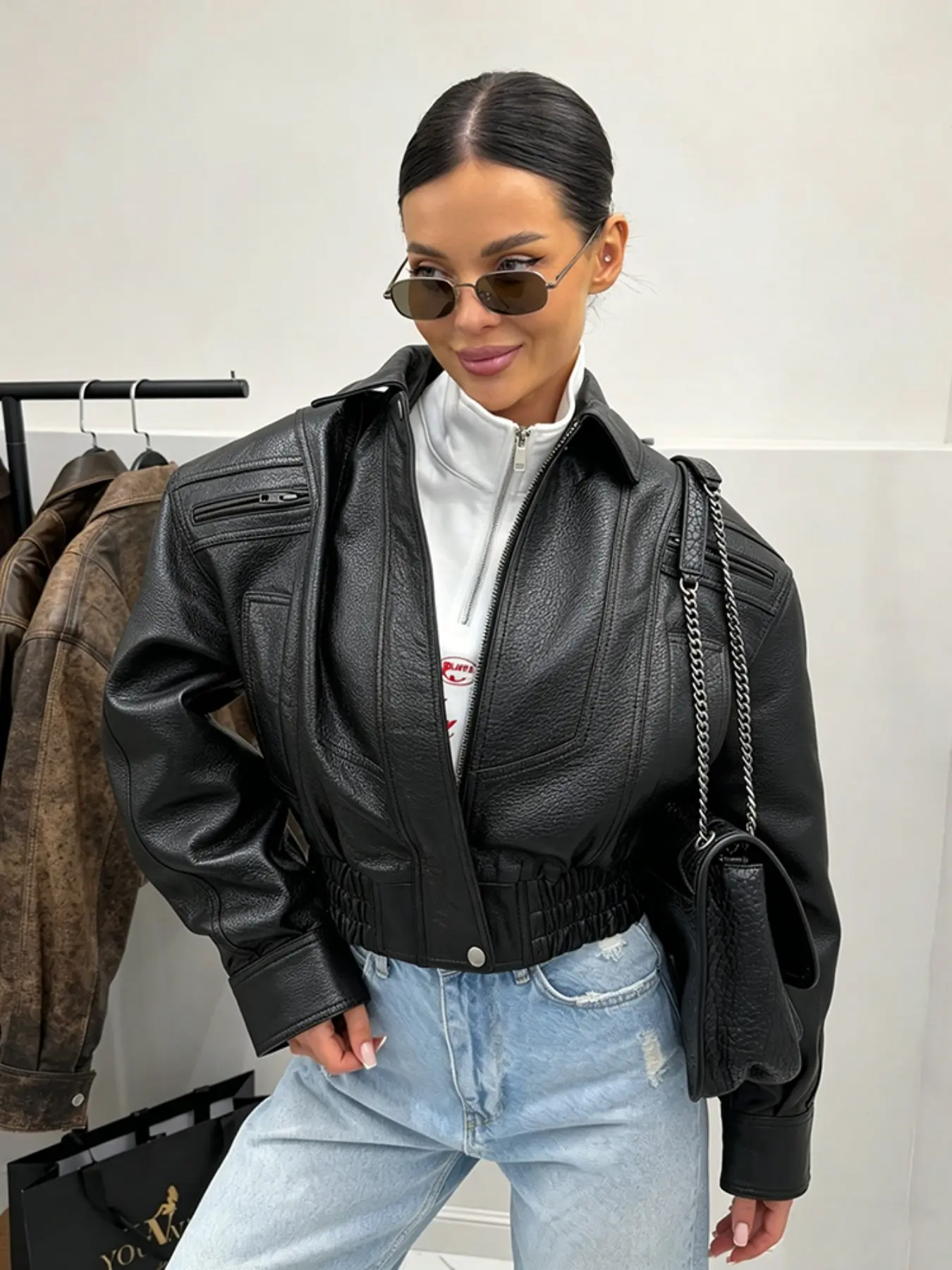 OFTBUY New Gingham Pattern Long Sleeve Loose-Fit Outerwear, Fall Jackets, Vintage PU Leather Jacket for Women, All-Season Fashion