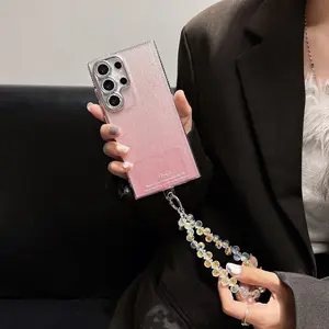 Glitter Rhinestone Border Full Coverage Phone Case for Samsung S21/s22/s23/s24/s25 Ultra, Luxury Gradient Sparkle with Crystal Chain, Anti-Drop Protective Shell