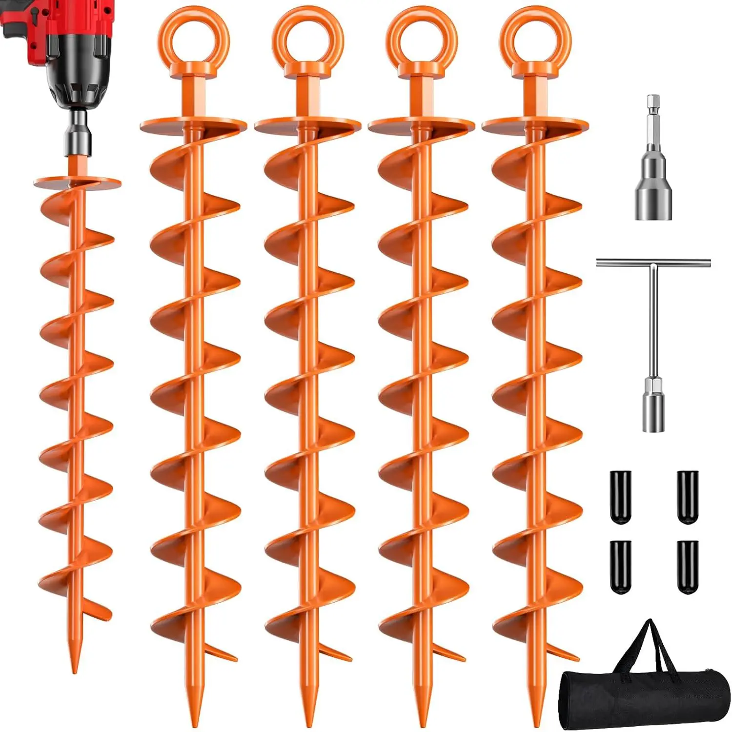 Ground Anchor Screw in, 4 Pack Spiral Trampoline Anchors with Nut and Tool Swing Set Anchors Tent Stakes High Wind Heavy Duty for Sheds, Carports, Mobile Home Orange