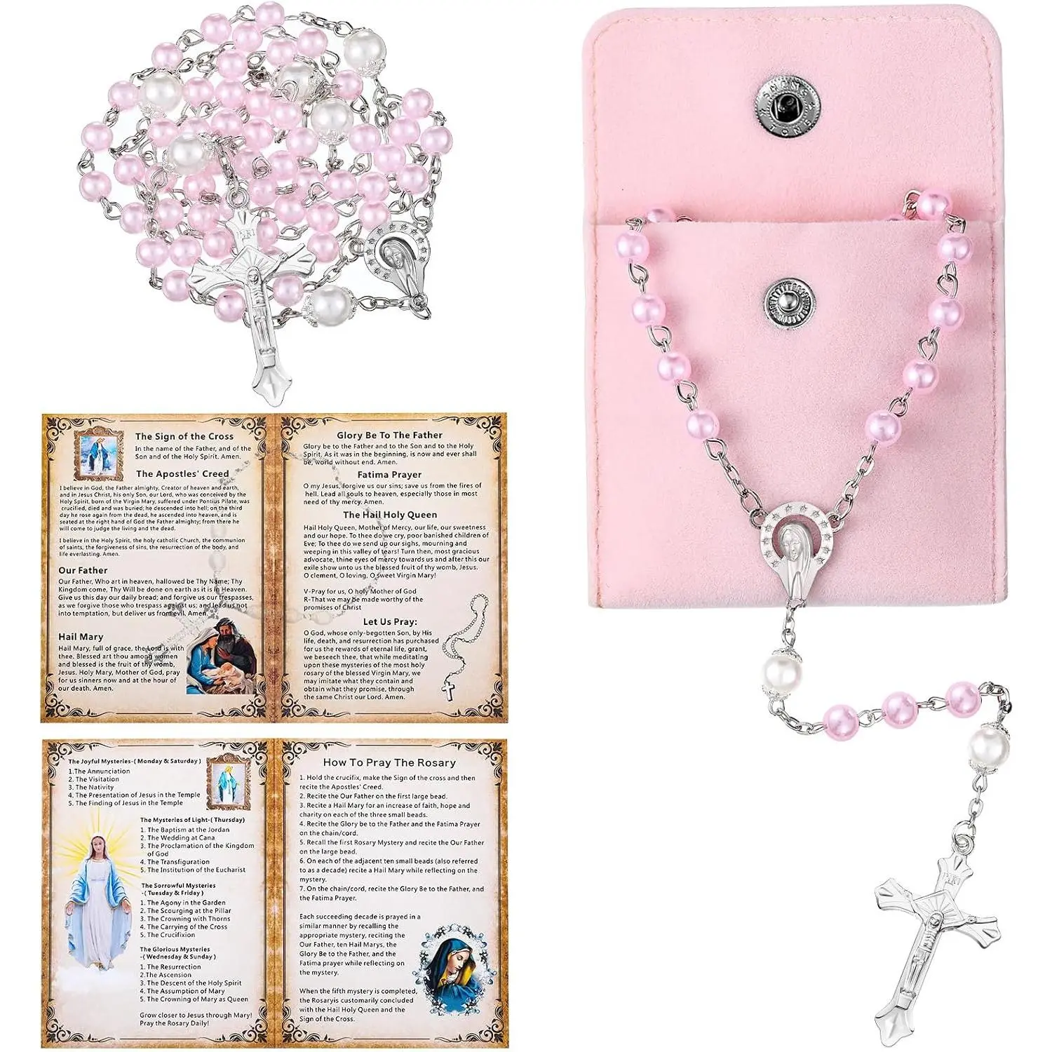 Women's Catholic Our Lady Theme Prayer Beads Necklace with Synthetic Chain, Female Wear Confirmation Gift Pray Card Accessory